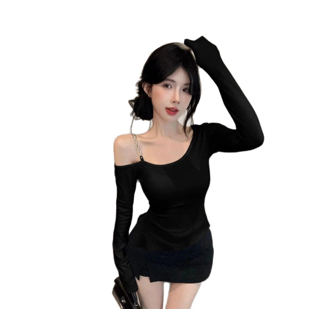 Irregular Diagonal Collar Cold-shoulder Bodycon T-shirt Female Fashion Bottoming Shirt