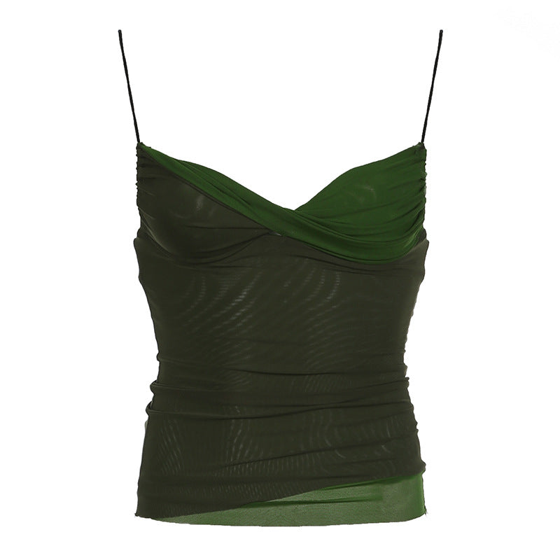 Hot Girl Style Mesh Stitching Green Small Sling