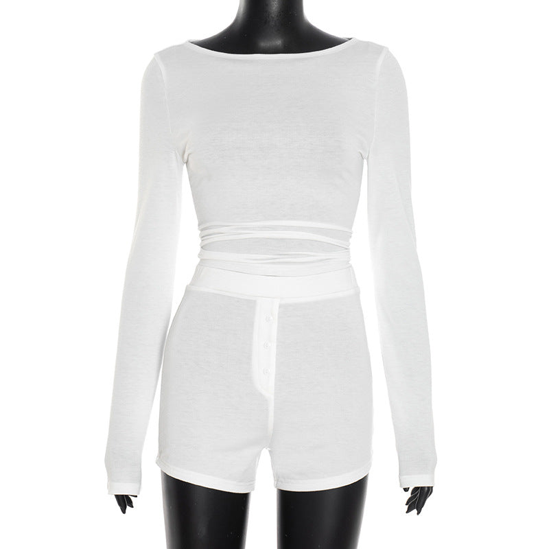 Women's Casual Slim Long Sleeve Top Shorts Suit