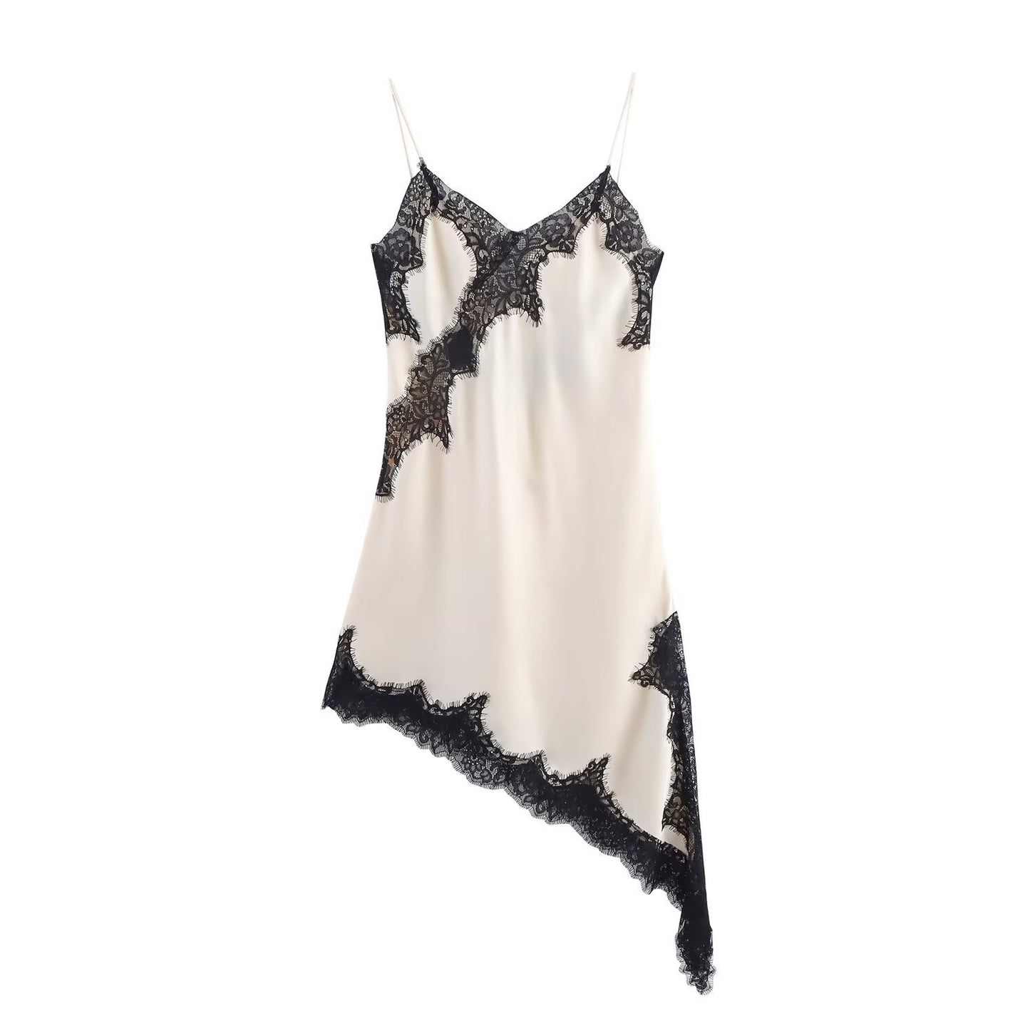 Women's Fashionable Lace Stitching Asymmetric Suspender Dress