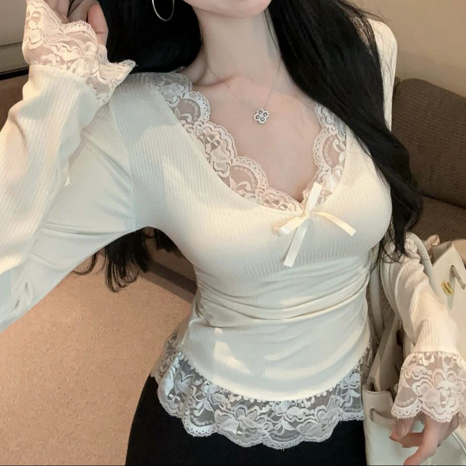 Women's Long-sleeved T-shirt Autumn And Winter New Thread Dralon Slim V-neck Top
