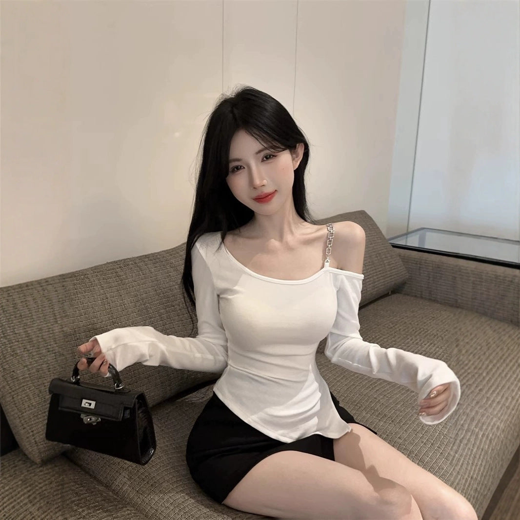 Irregular Diagonal Collar Cold-shoulder Bodycon T-shirt Female Fashion Bottoming Shirt
