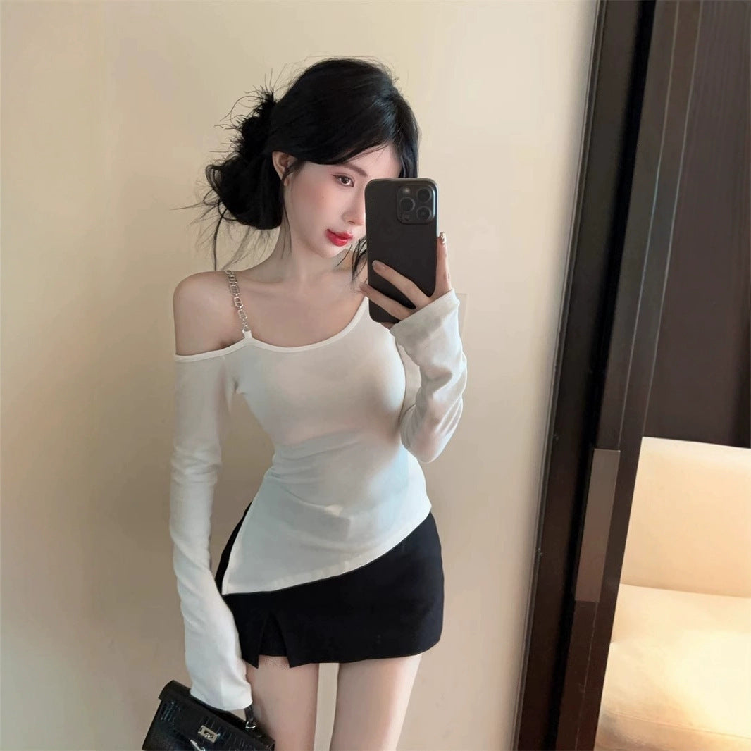 Irregular Diagonal Collar Cold-shoulder Bodycon T-shirt Female Fashion Bottoming Shirt