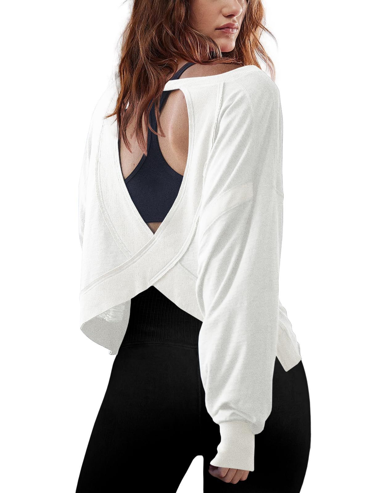 Women's Loose Long-sleeved Backless Top Hollow-out Short Round Neck T-shirt