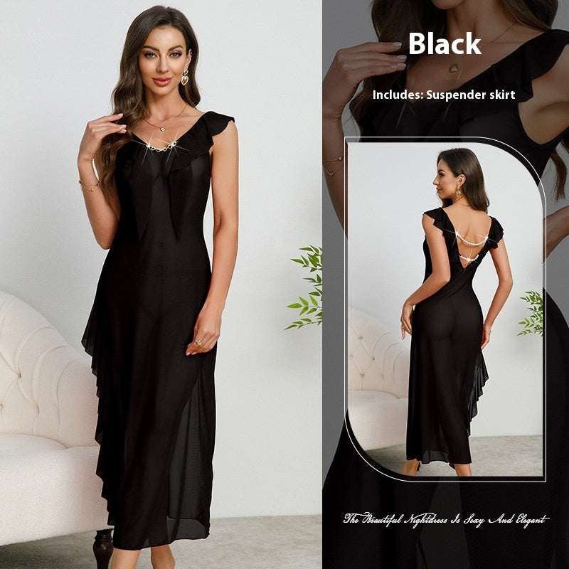 Women's Ruffled Sexy V-neck Backless Pearl Dress