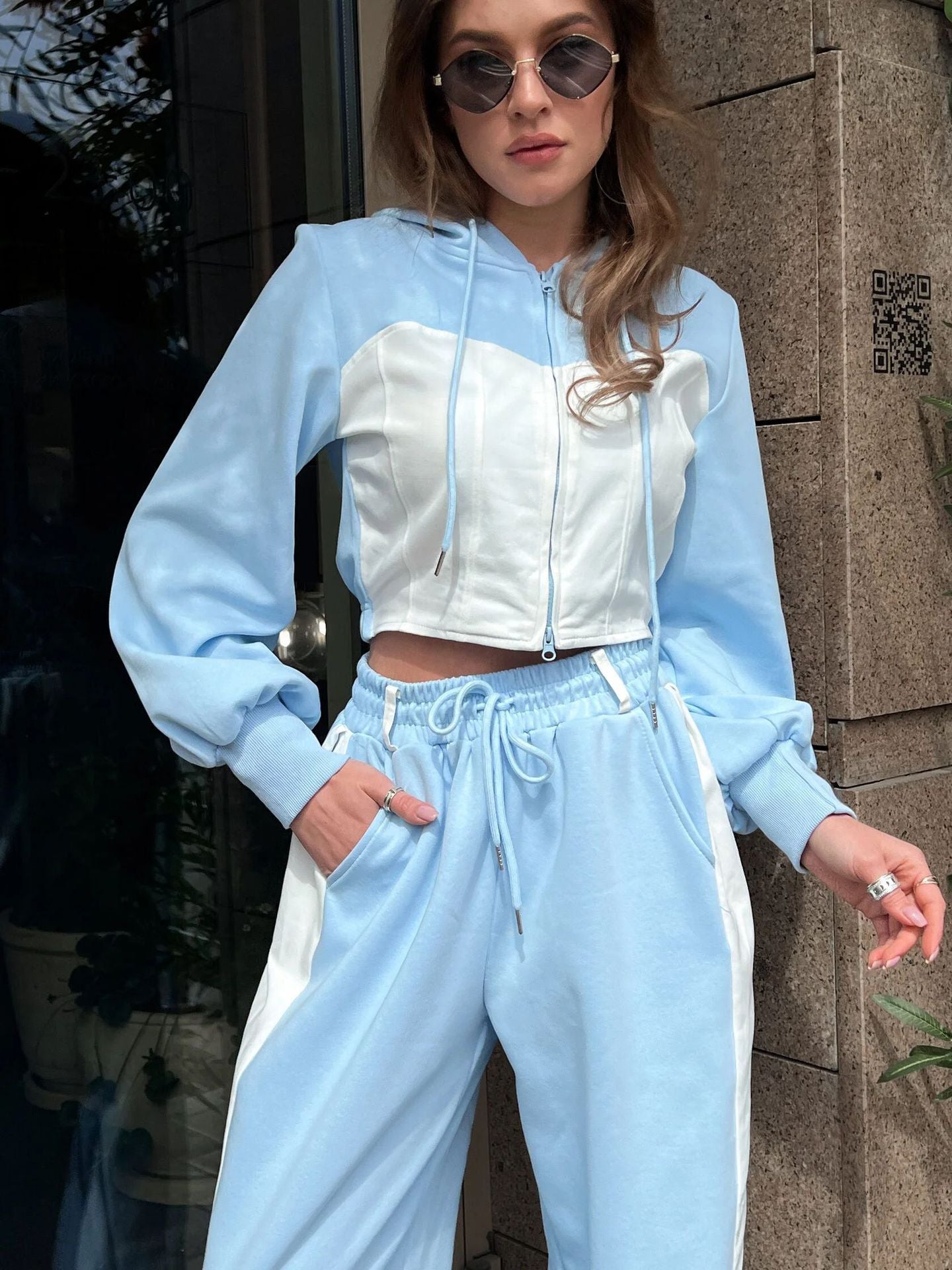 Fashion Casual Sweater Suit Denim Stitching Hooded Top And Trousers Women's Clothing