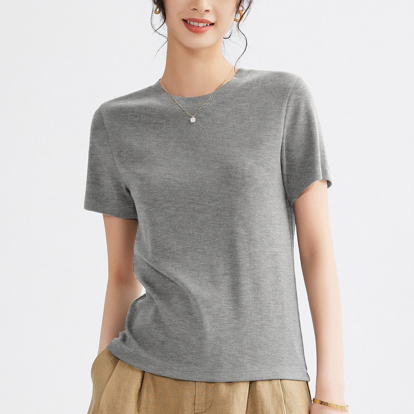 Women's Round Neck Pure Color All-matching Heavy Bamboo Snowflake Cotton T-shirt