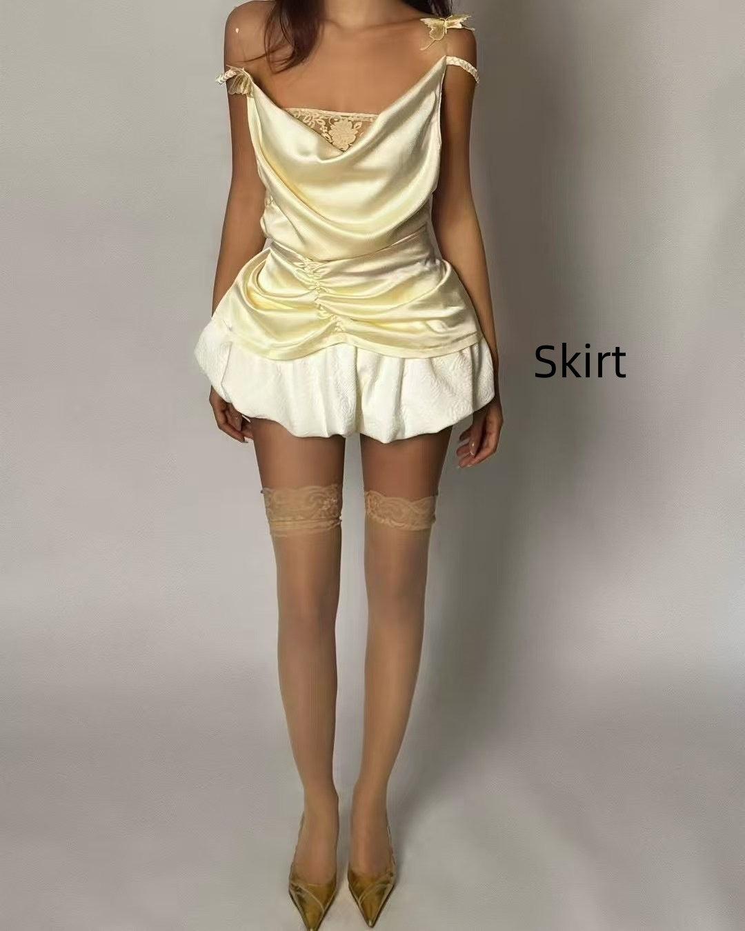 Swing Collar Slim-fit Camisole Top Bud Skirt Outfit
