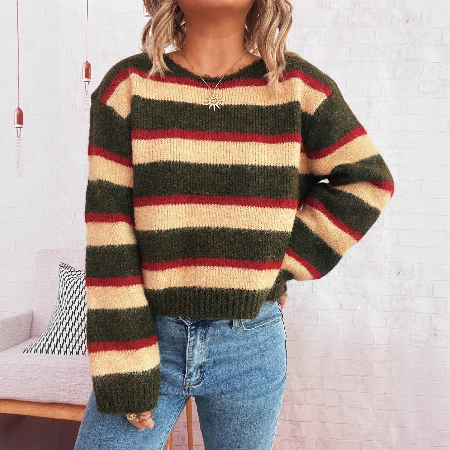 Striped Contrast Color Commuter Knit Casual Round Neck Long Sleeve Sweater
