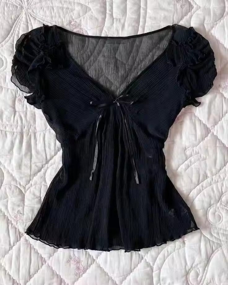 Fashion Color Contrast Polka-dot Cinched Slimming Casual Short-sleeved T-shirt
