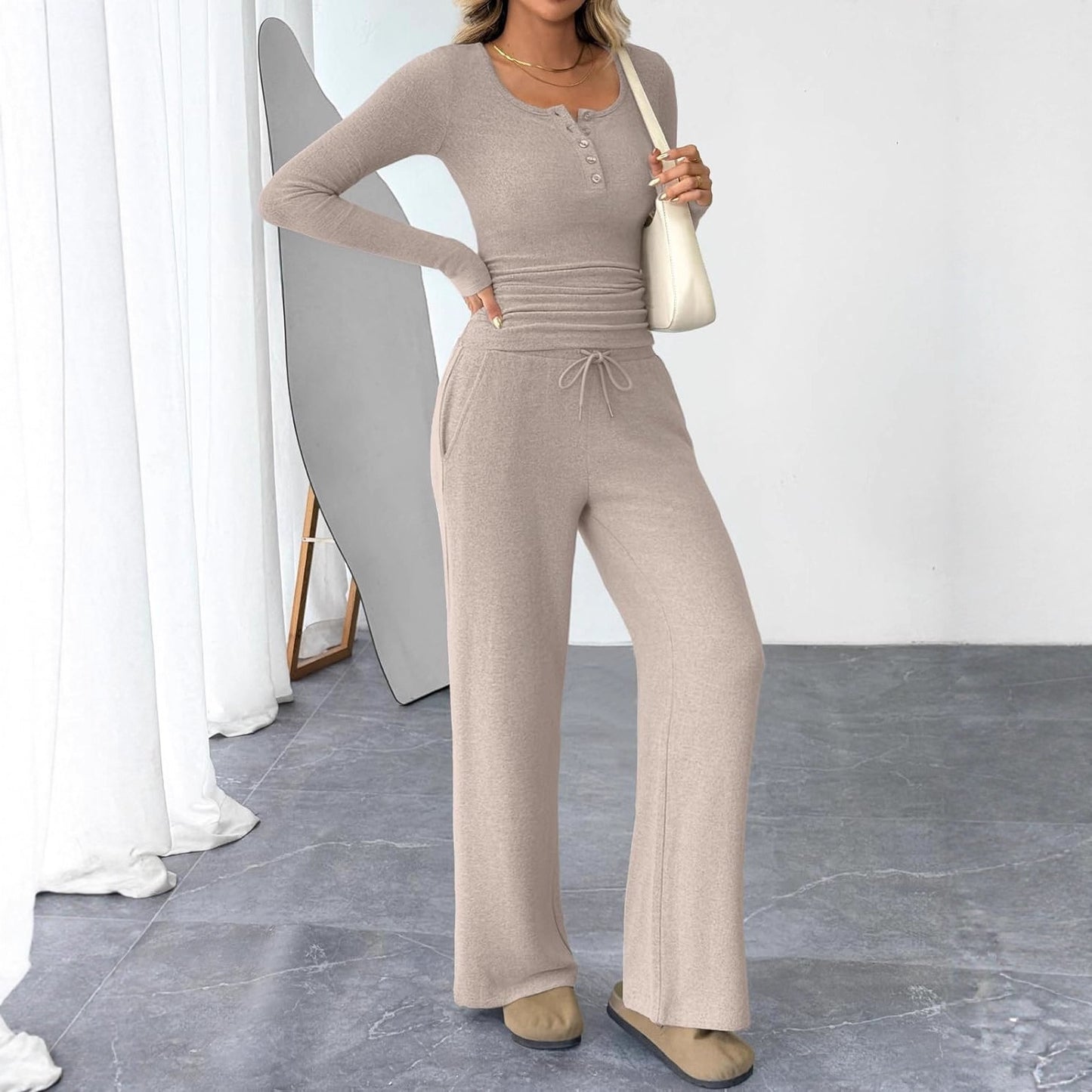 Two-piece Set Women's Long-sleeve Blouse Wide Leg Pants Fashion Casual Set