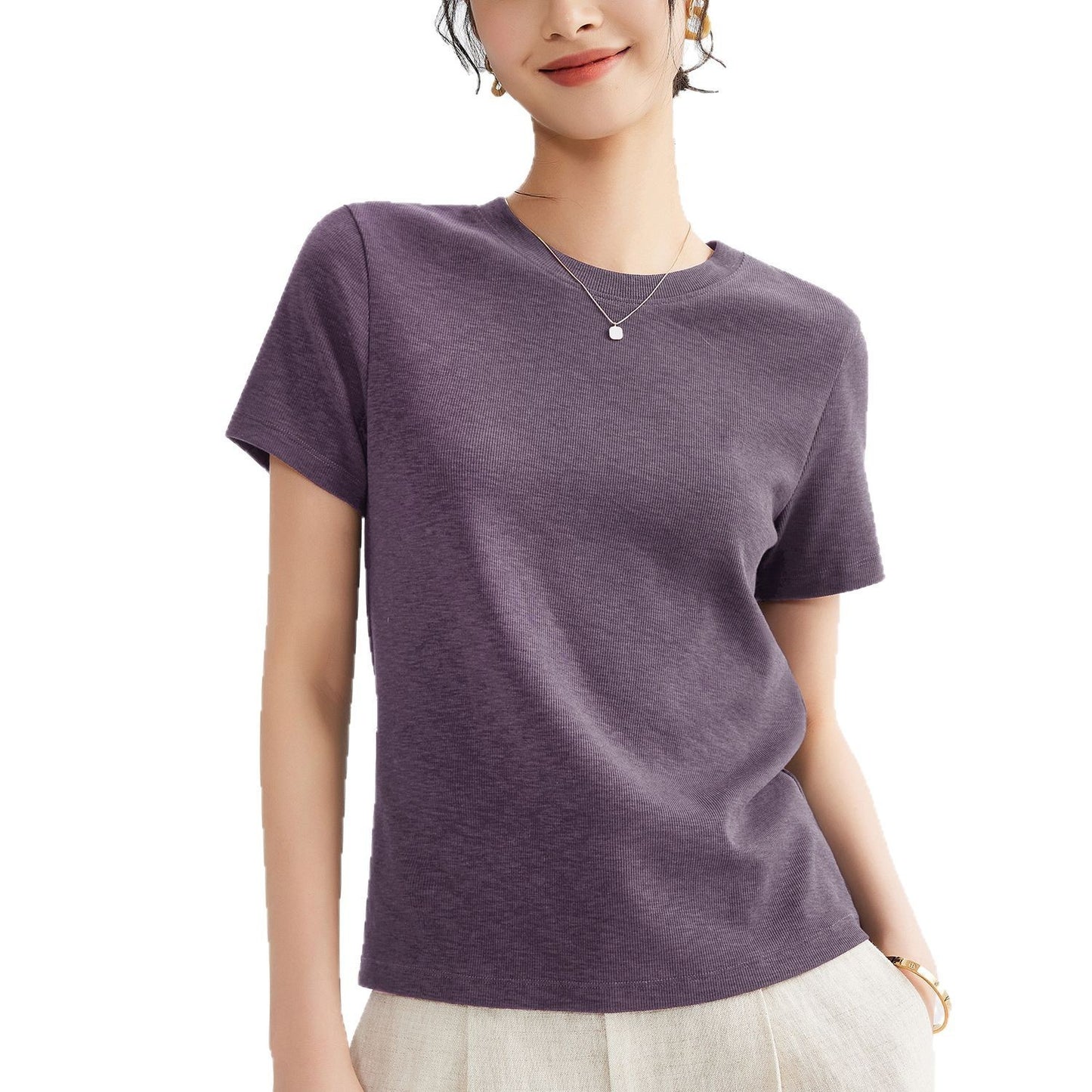Women's Round Neck Pure Color All-matching Heavy Bamboo Snowflake Cotton T-shirt