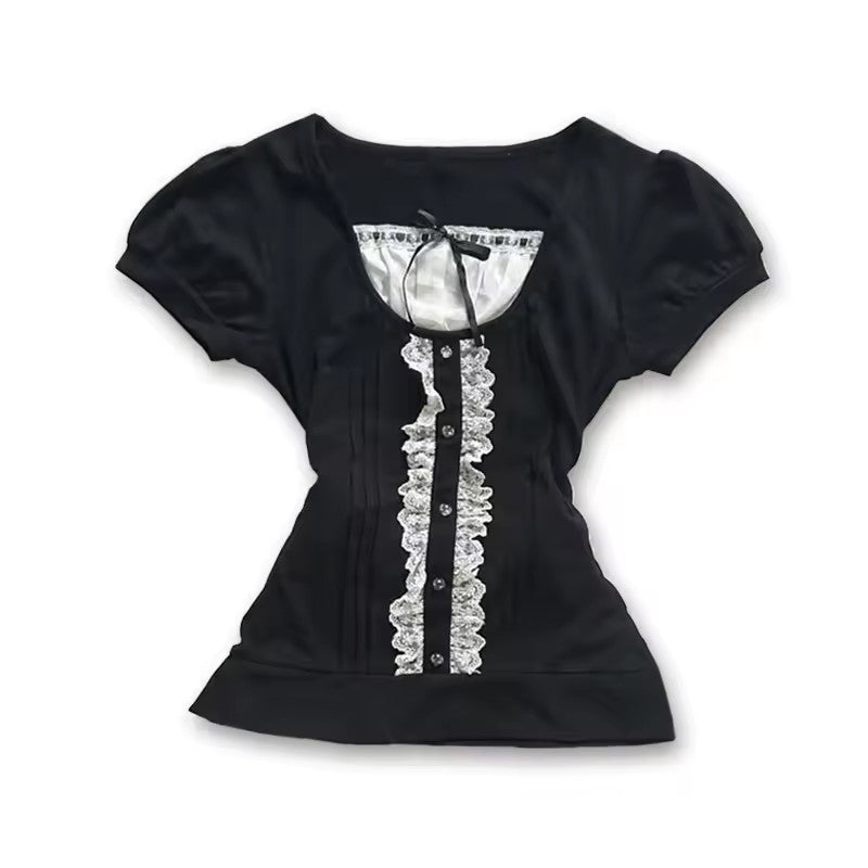 Fashion Color Contrast Polka-dot Cinched Slimming Casual Short-sleeved T-shirt