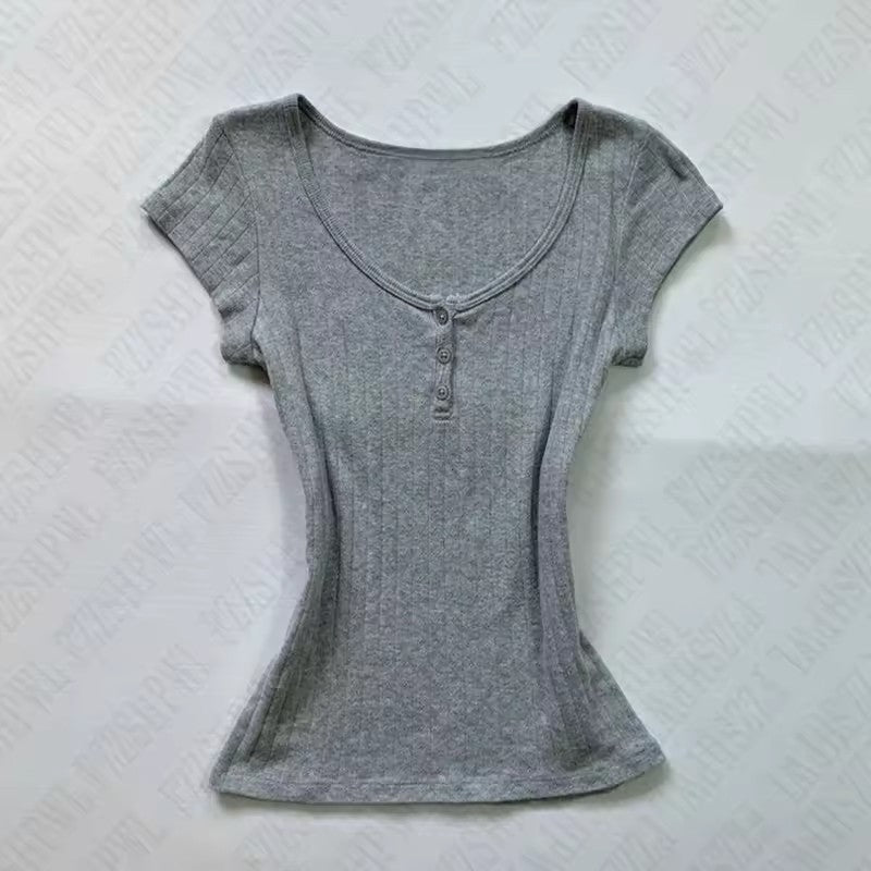 Fashion Color Contrast Polka-dot Cinched Slimming Casual Short-sleeved T-shirt