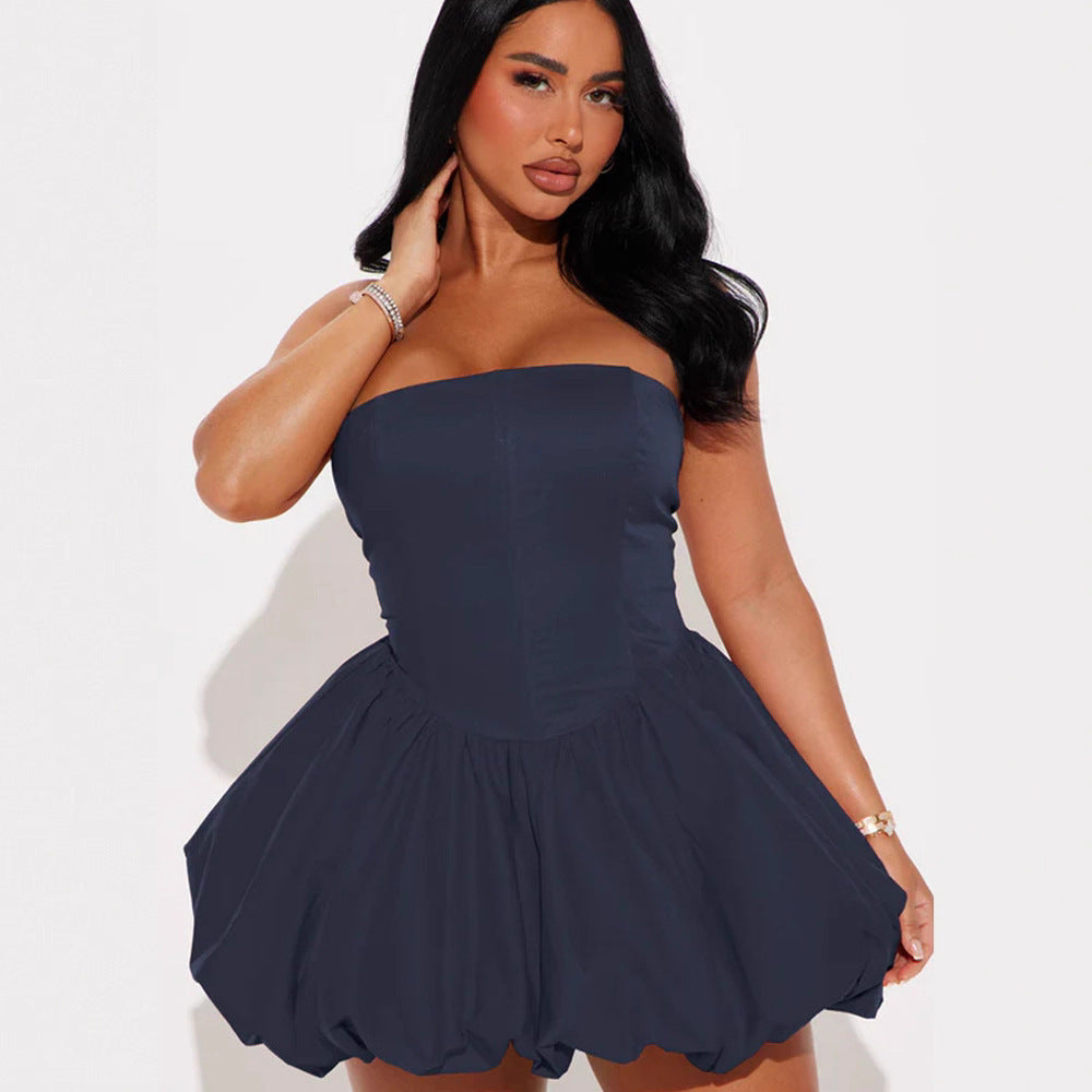 French Style Pure Design Sense Tube Top Cinched Waist Skirt