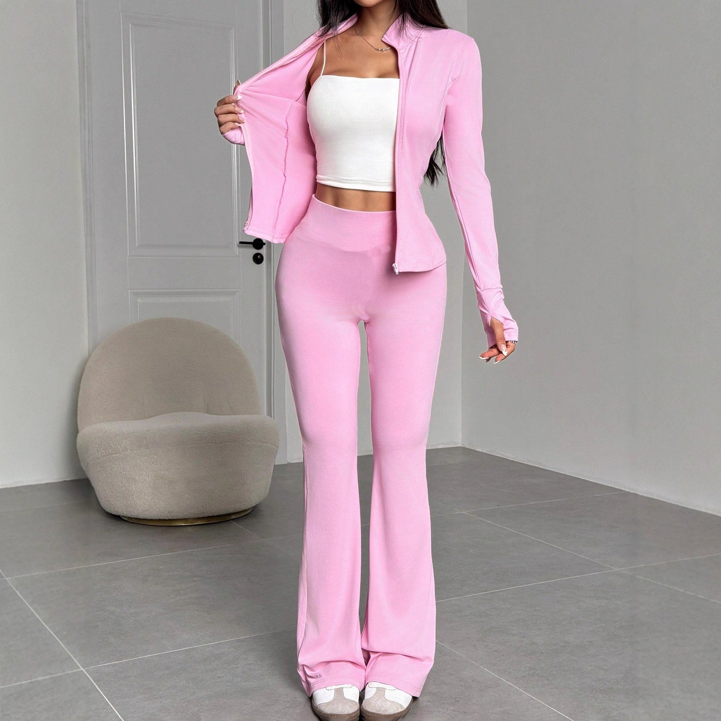 Women's Stand Collar Zipper Solid Color Long-sleeved Top And Trousers Suit