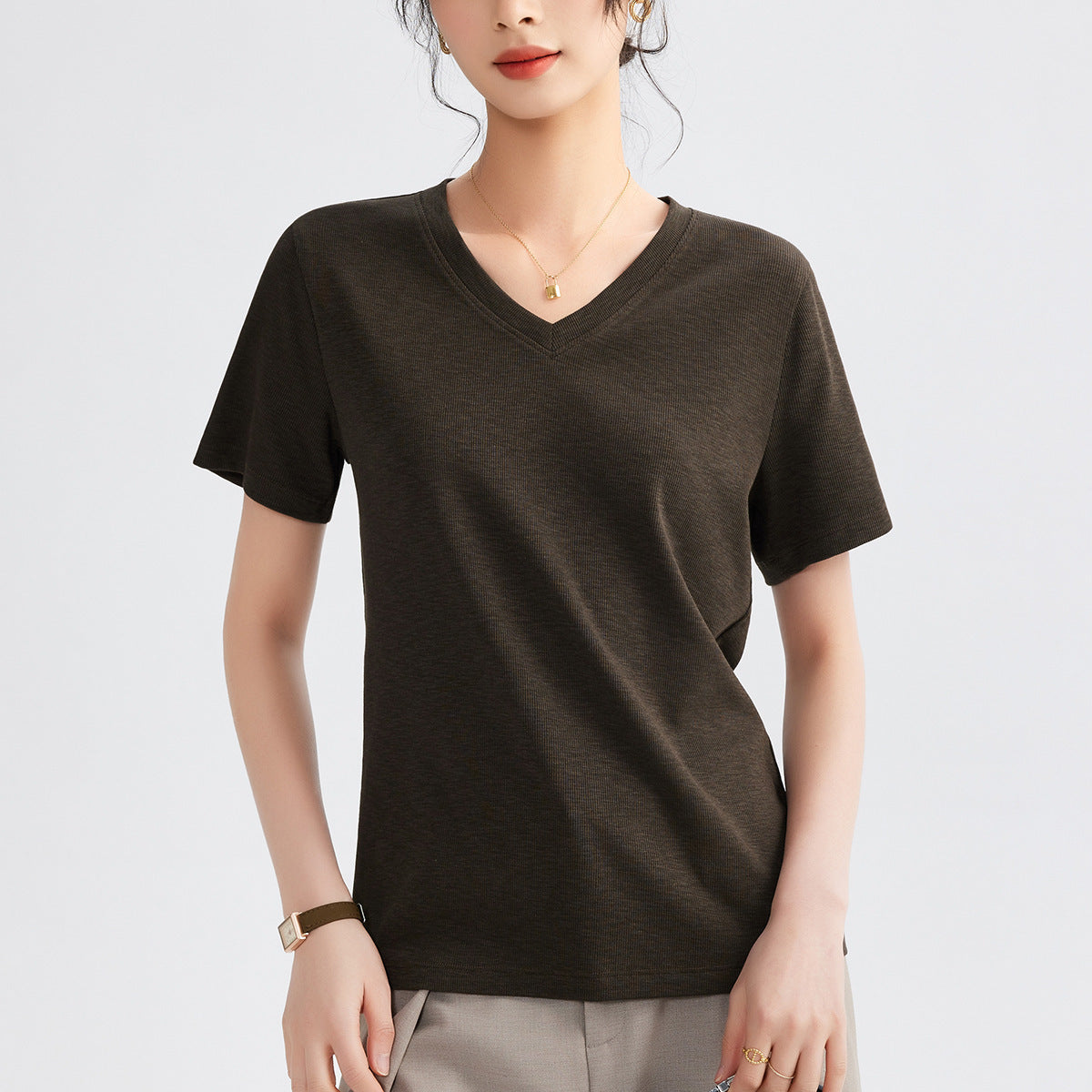 Women's Round Neck Pure Color All-matching Heavy Bamboo Snowflake Cotton T-shirt