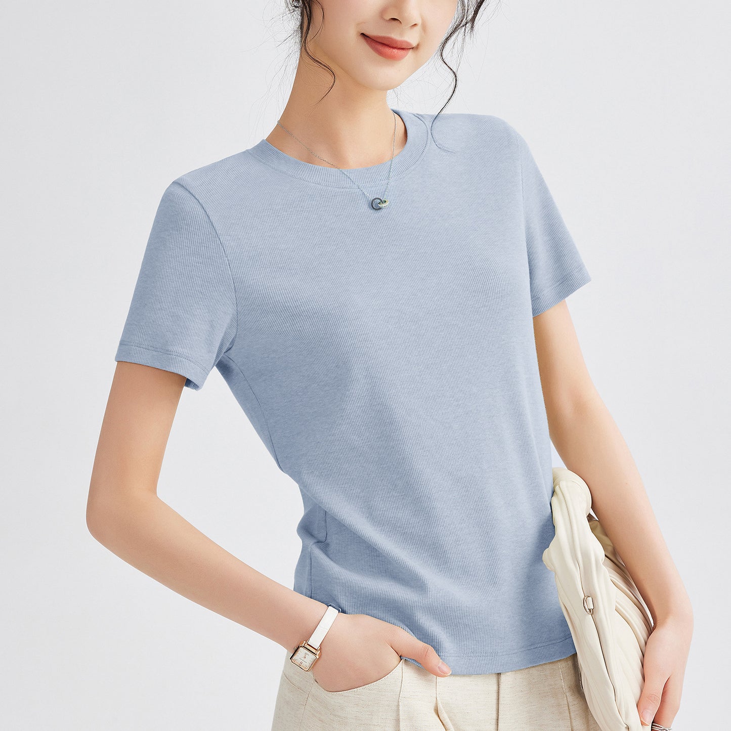 Women's Round Neck Pure Color All-matching Heavy Bamboo Snowflake Cotton T-shirt