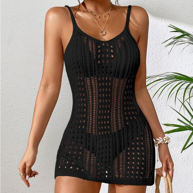 Women's Short Knitted Texture Hollow Out See-through Camisole Sexy Short Dress