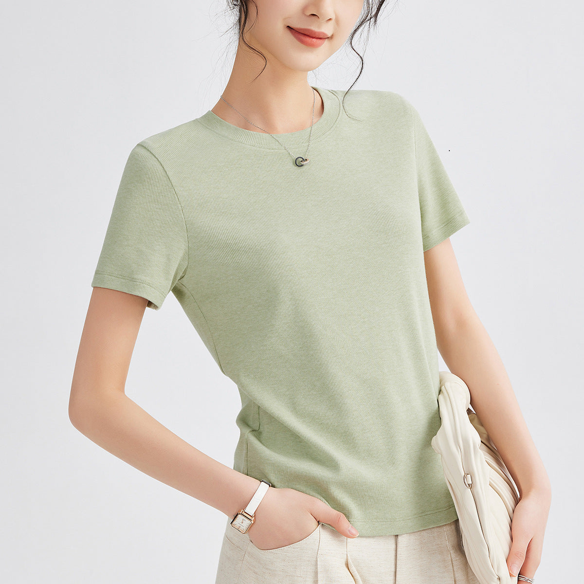 Women's Round Neck Pure Color All-matching Heavy Bamboo Snowflake Cotton T-shirt