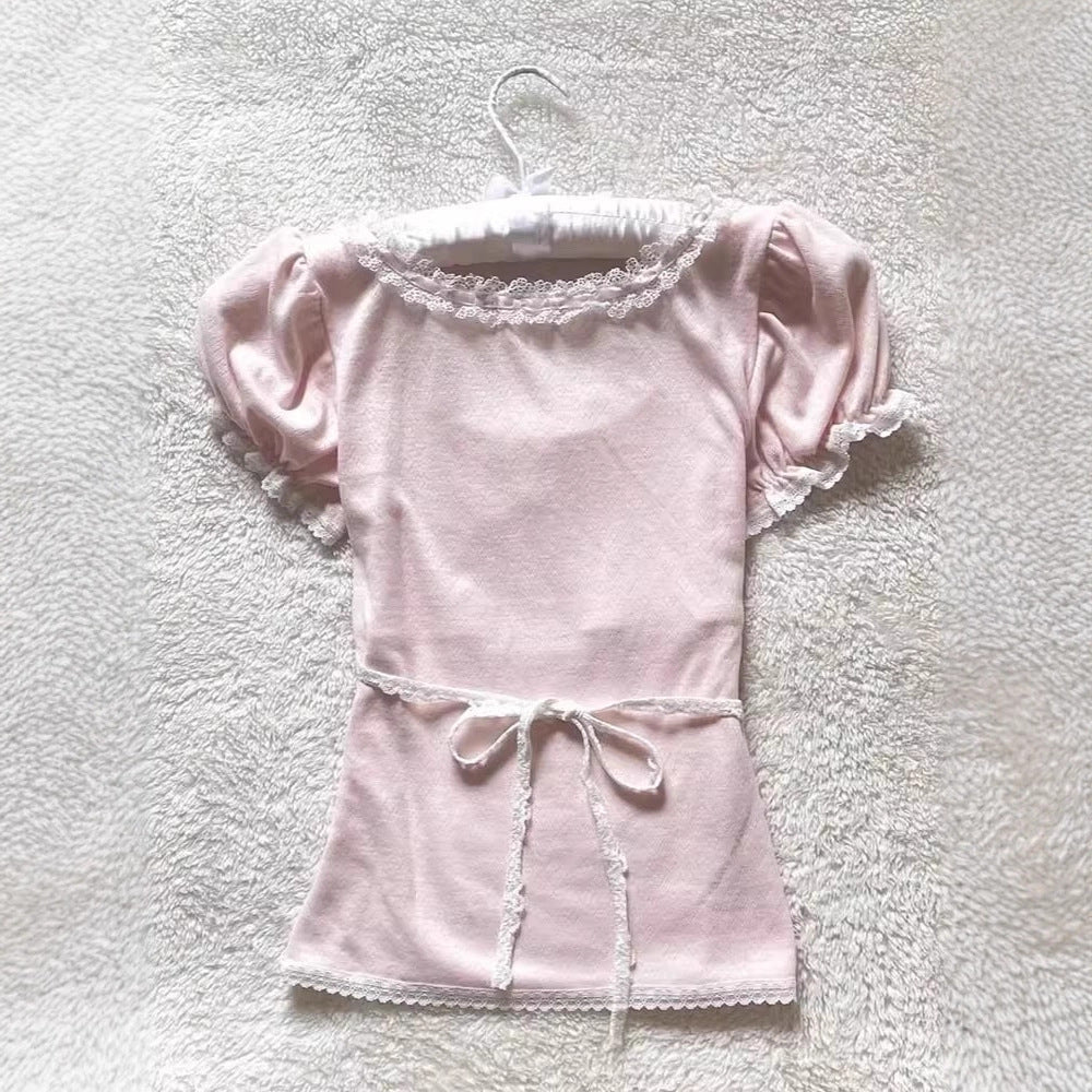 French Retro Lace Stitching Bow Top For Women