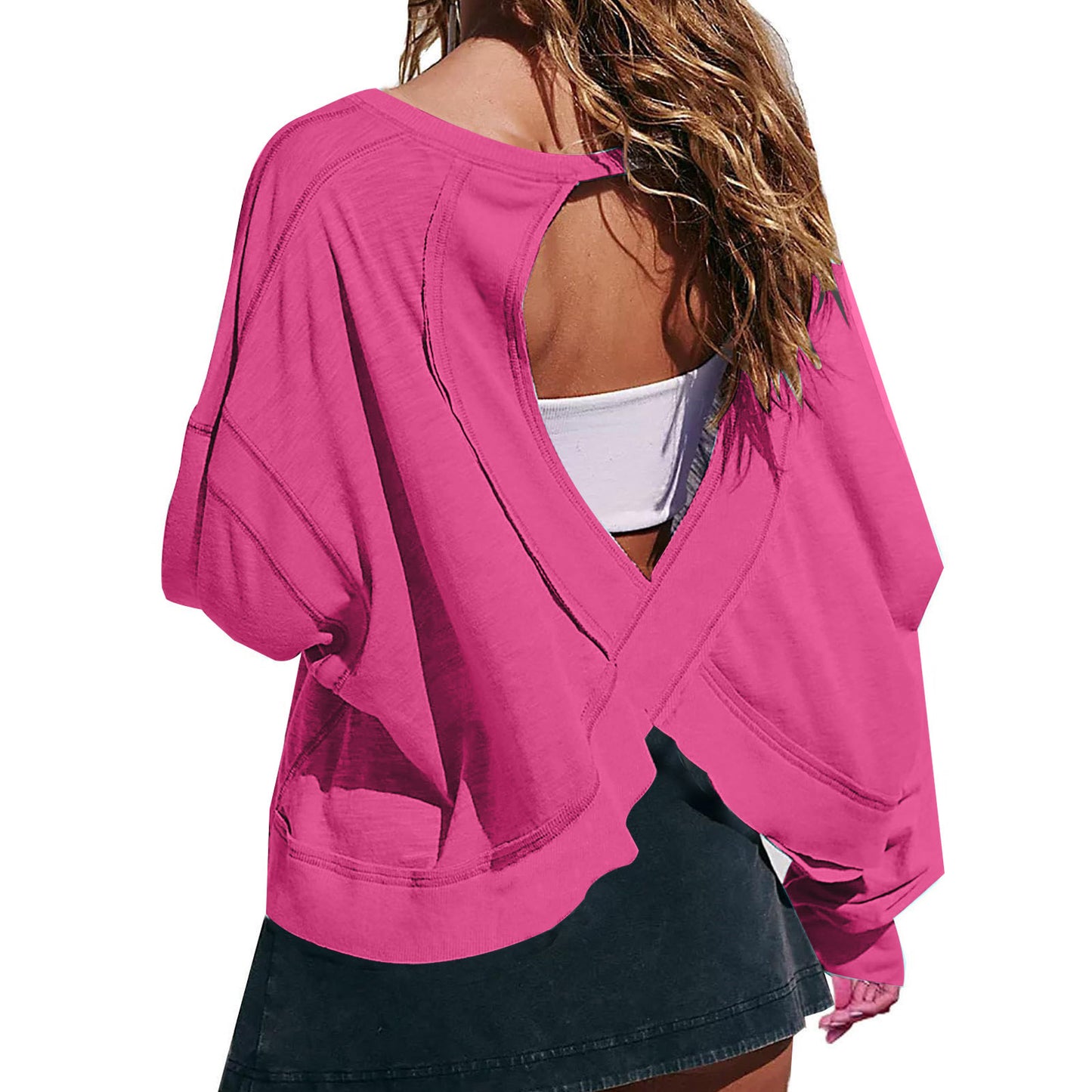 Women's Loose Long-sleeved Backless Top Hollow-out Short Round Neck T-shirt
