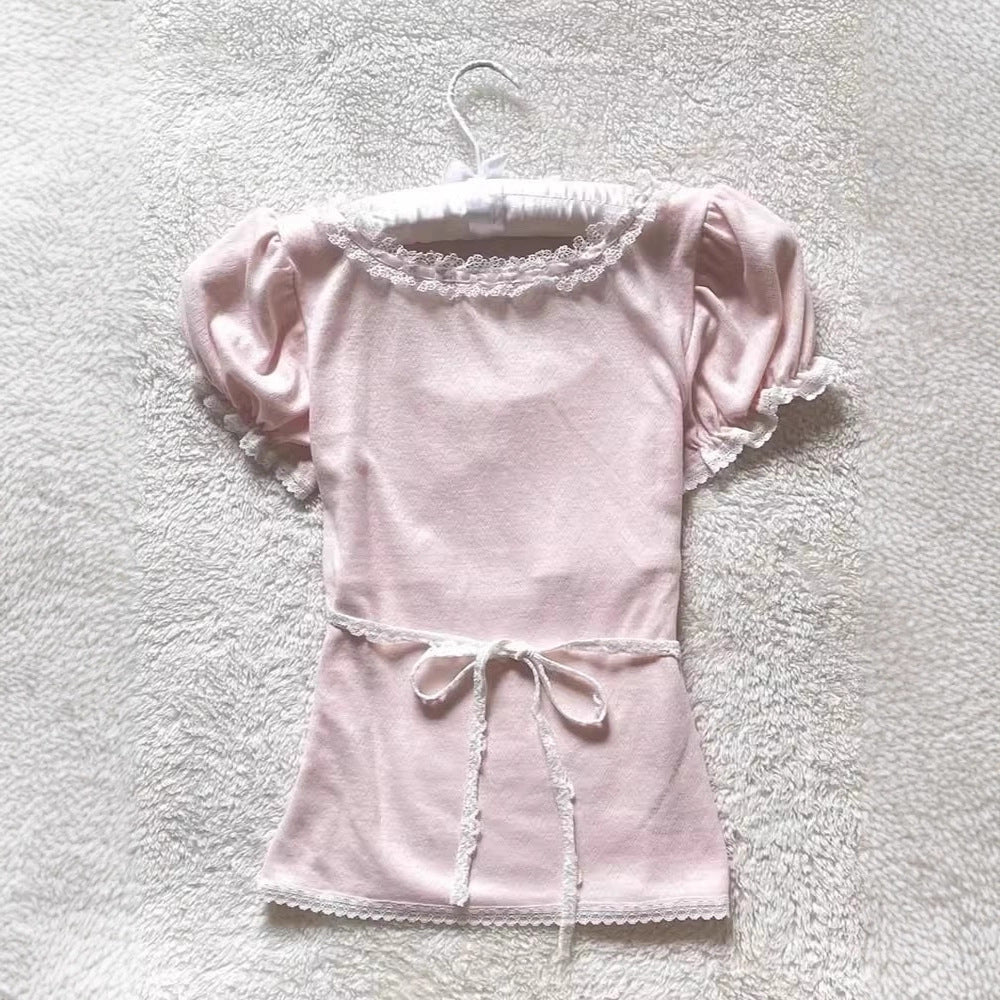 French Retro Lace Stitching Bow Top For Women