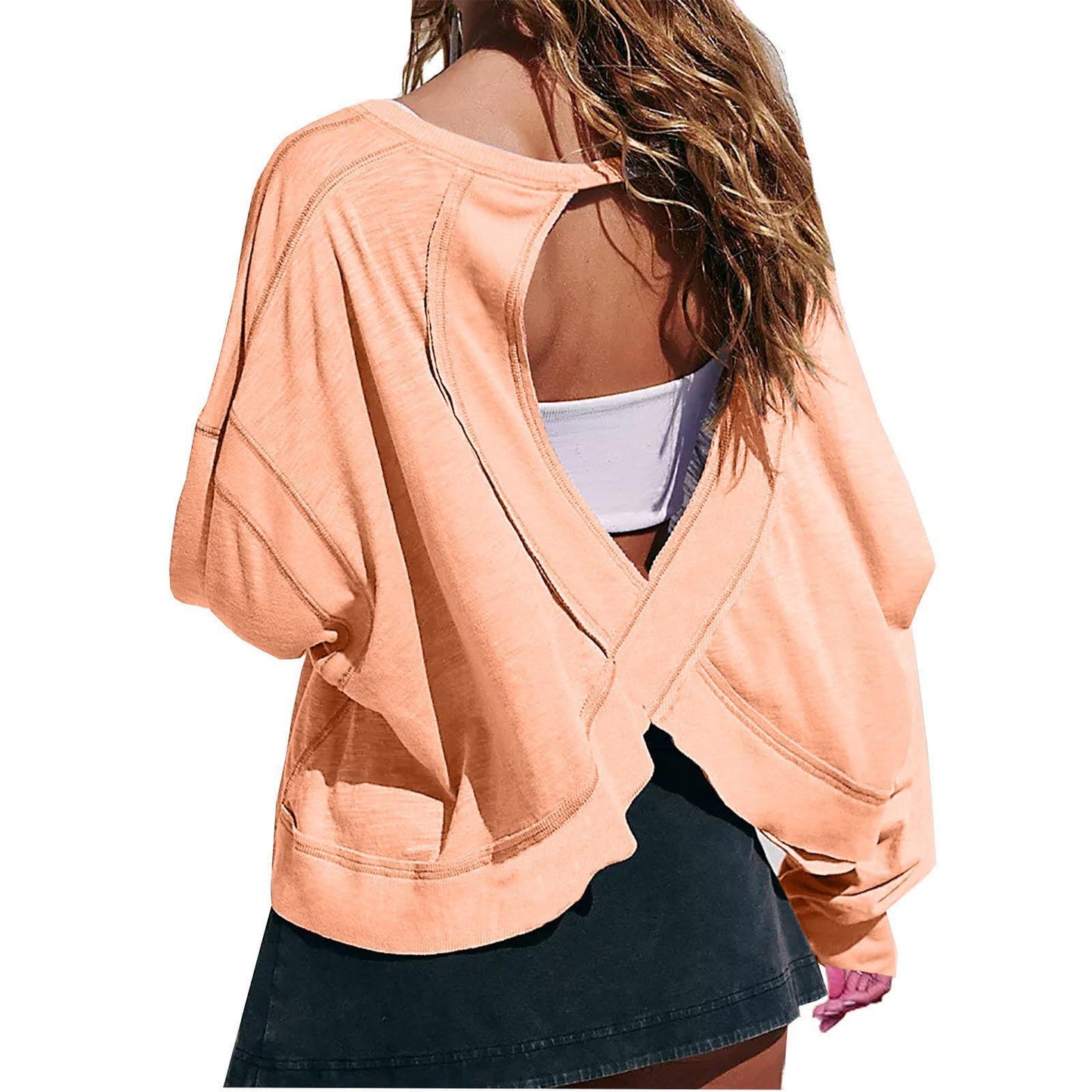Women's Loose Long-sleeved Backless Top Hollow-out Short Round Neck T-shirt