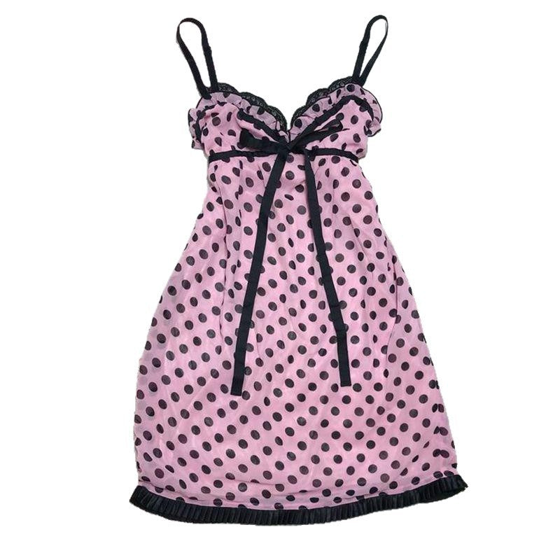 Graceful And Fashionable Dot Sexy Bow Tied Spaghetti-strap Dress For Women