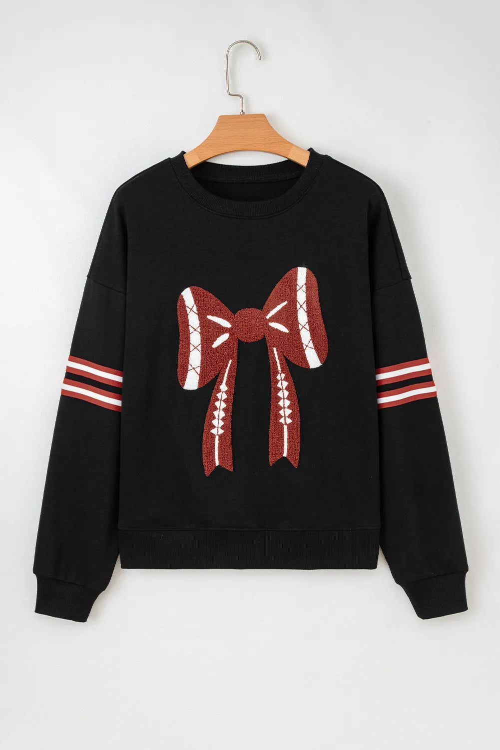 Black Varsity Baseball Bow Graphic Striped Sleeve Baggy Sweatshirt