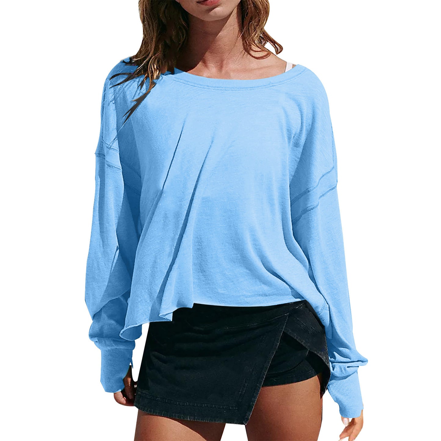 Women's Loose Long-sleeved Backless Top Hollow-out Short Round Neck T-shirt