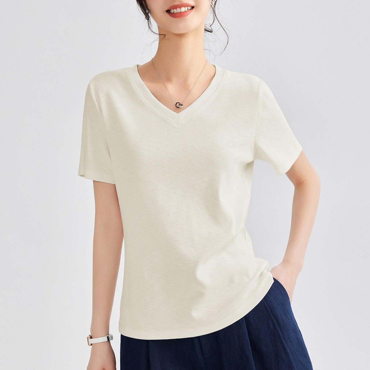 Women's Round Neck Pure Color All-matching Heavy Bamboo Snowflake Cotton T-shirt