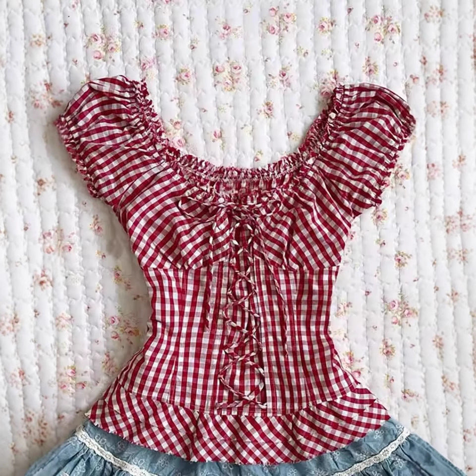 Fashion Color Contrast Polka-dot Cinched Slimming Casual Short-sleeved T-shirt