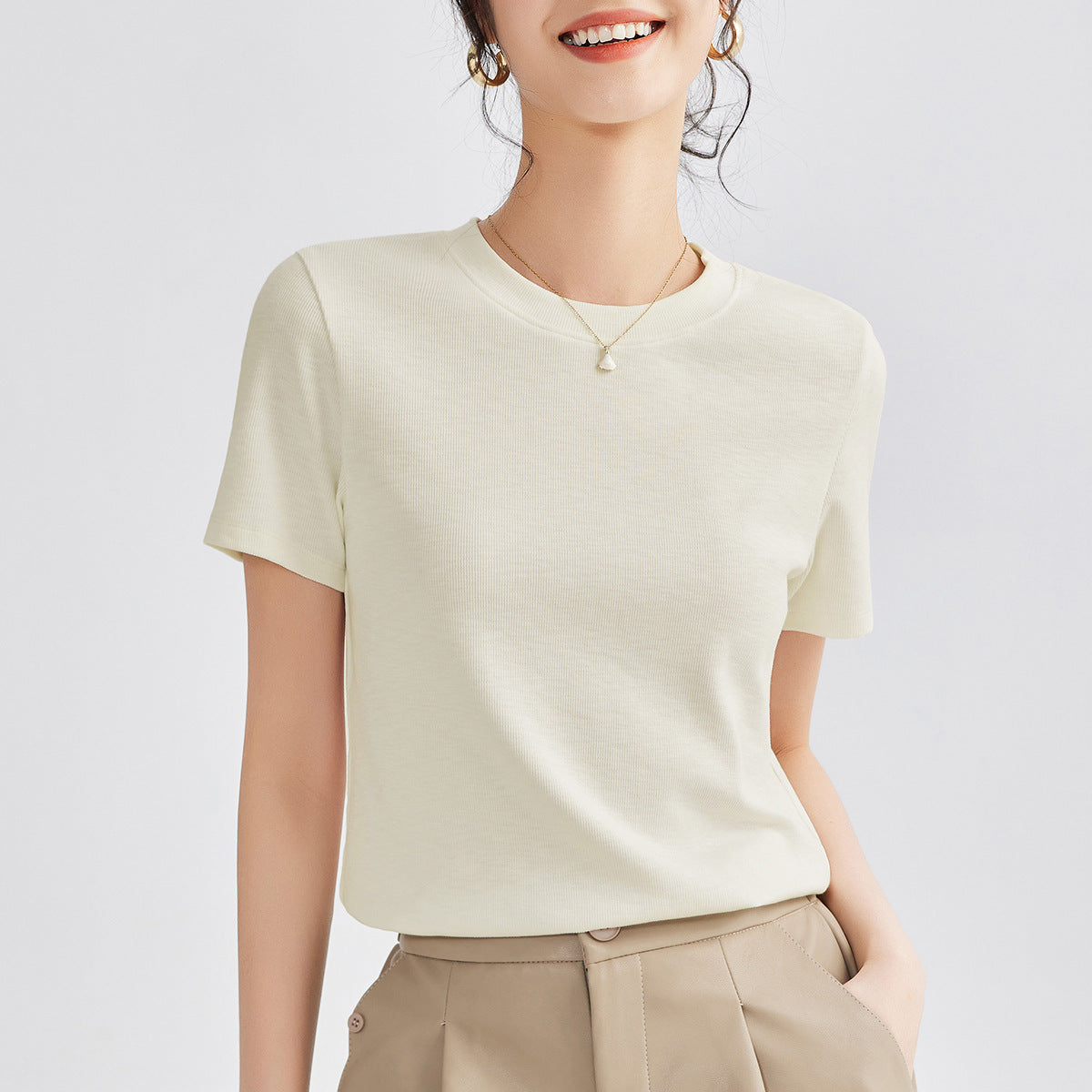 Women's Round Neck Pure Color All-matching Heavy Bamboo Snowflake Cotton T-shirt
