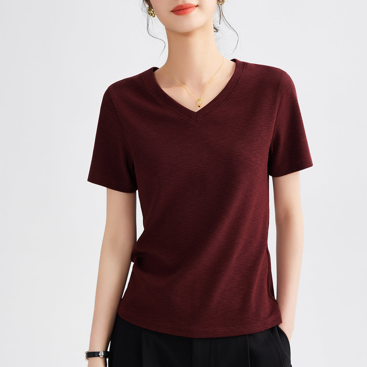 Women's Round Neck Pure Color All-matching Heavy Bamboo Snowflake Cotton T-shirt