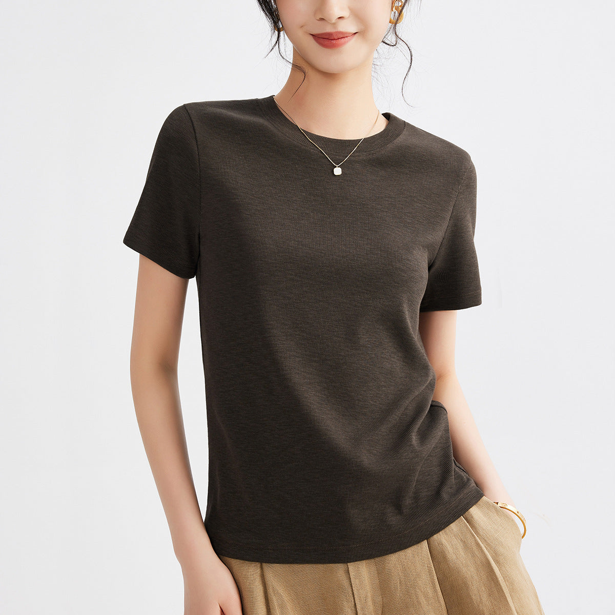 Women's Round Neck Pure Color All-matching Heavy Bamboo Snowflake Cotton T-shirt