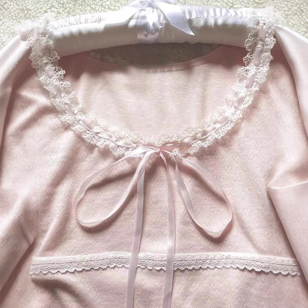 French Retro Lace Stitching Bow Top For Women