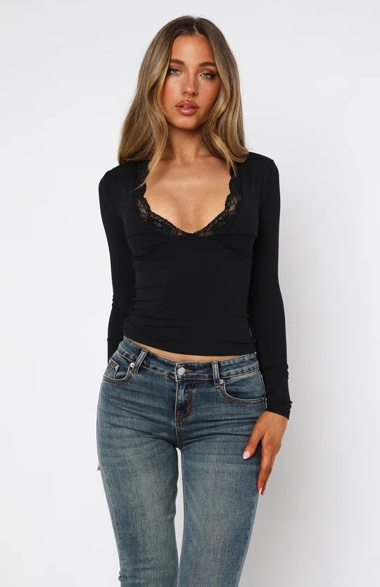 Fashion Slim-fit Shoulder Long Sleeve Lace Flower