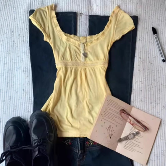 Fashion Color Contrast Polka-dot Cinched Slimming Casual Short-sleeved T-shirt