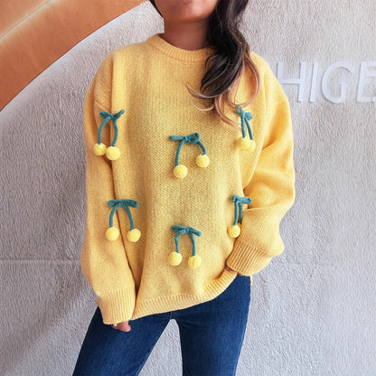 Round Neck Stitching Three-dimensional Cherry Sweater