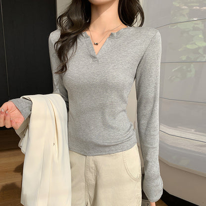 Women's V-neck Bottoming Shirt Early Autumn Winter Thread Fitted
