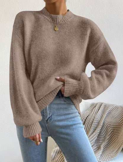 Pure Color Half Collar Leisure Pullover Sweater Women's Long-sleeved Sweater