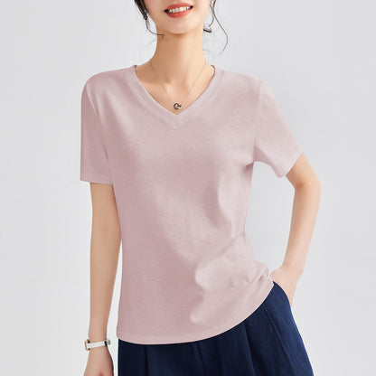 Women's Round Neck Pure Color All-matching Heavy Bamboo Snowflake Cotton T-shirt