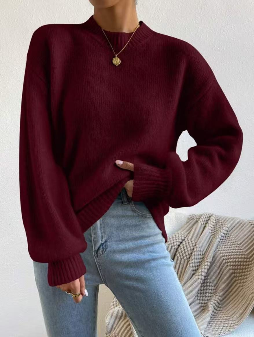 Pure Color Half Collar Leisure Pullover Sweater Women's Long-sleeved Sweater