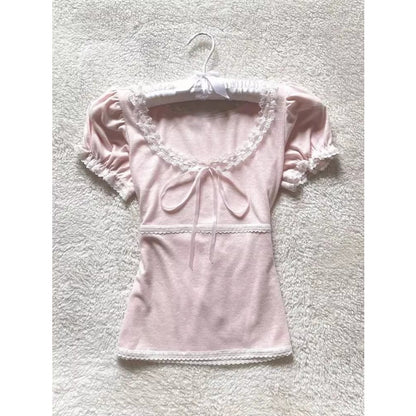 French Retro Lace Stitching Bow Top For Women