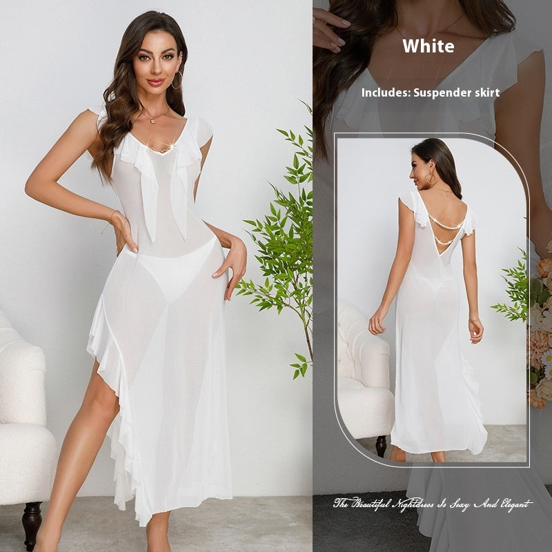 Women's Ruffled Sexy V-neck Backless Pearl Dress