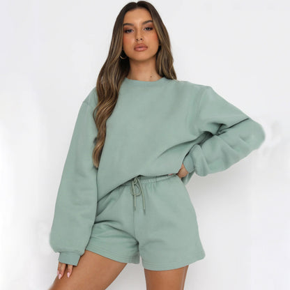 Long Sleeve Shorts Sweater Suit Solid Color Fashion Casual