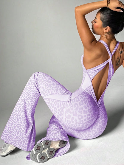 Women's Casual Sports Leopard Print Cross Beauty Back Jumpsuit