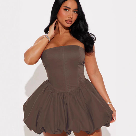 French Style Pure Design Sense Tube Top Cinched Waist Skirt