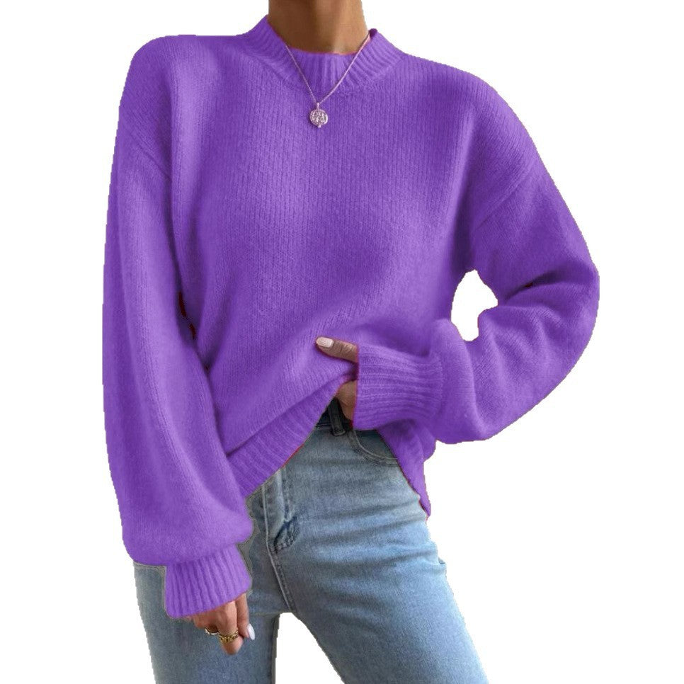 Pure Color Half Collar Leisure Pullover Sweater Women's Long-sleeved Sweater